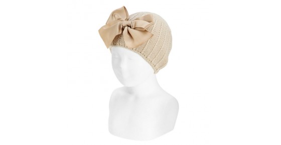 cappello tricot cappellino completo scaldacollo fiocco gigante grande beige corda panna oro condor bimba bambina neonata i piccoli tesori